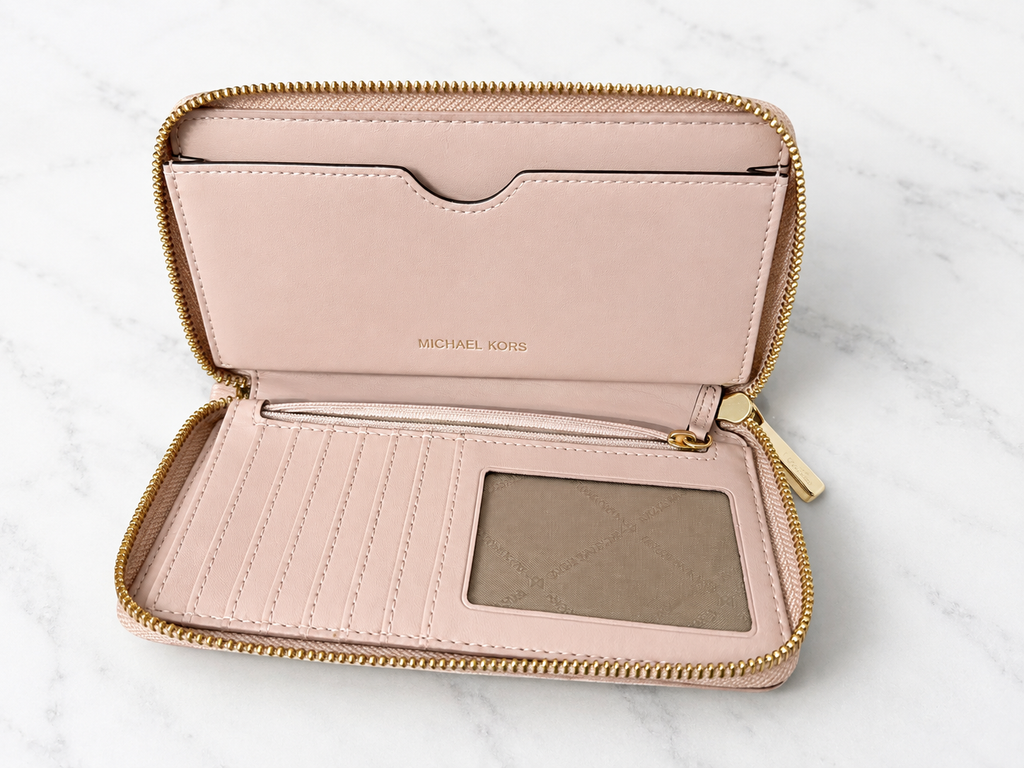 Michael Kors Jet Set Travel Zip Around Wallet – Vanilla/Blush Signature