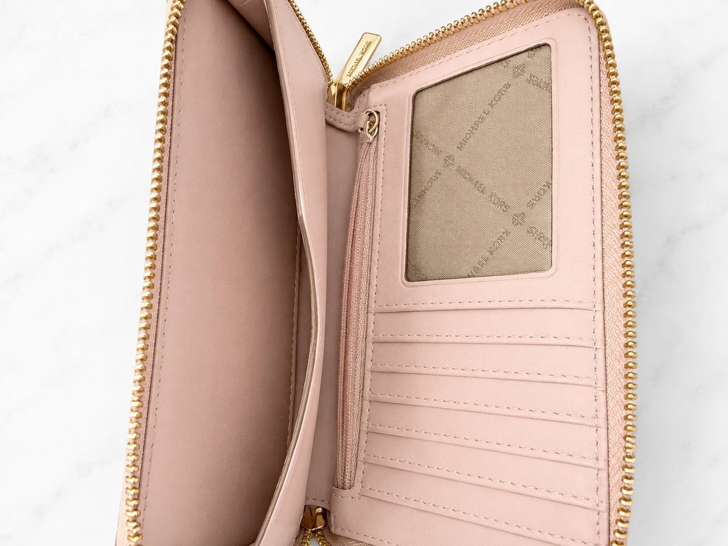 Michael Kors Jet Set Travel Zip Around Wallet – Vanilla/Blush Signature